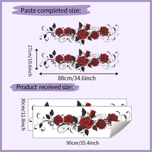 Detailed size guide showing dimensions of red rose and black vine wall decals
