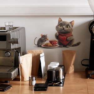 Cartoon cat and mouse coffee wall sticker for kitchen decor with 3D visual effect