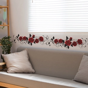 Romantic red rose wall stickers with black vines for living room decor and bedroom mural