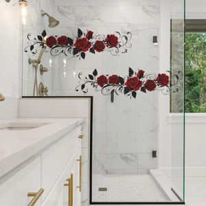 Red rose floral wall stickers with black vines for bathroom glass door decor