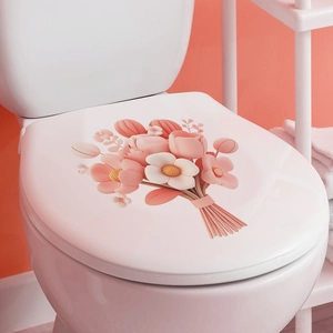 Toilet seat cover with elegant pink floral patterns featuring daisies and tulips designs