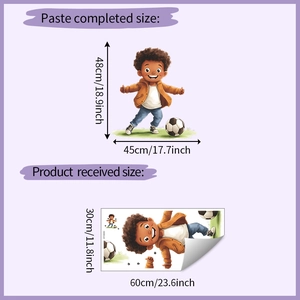 Detailed size chart for watercolor soccer boy wall decal showing 48cm x 45cm layout dimensions