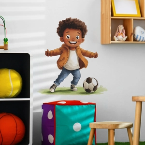 Cartoon boy playing football wall sticker for kids bedroom and dormitory decor