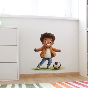 Cartoon boy playing soccer wall decal for kids bedroom and home interior decoration