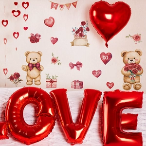 Stickers Muraux Saint Valentin Ours en Peluche Rose Cœur PVC Amovible Autocollant Déco Chambre pour Dortoir Maison Décoration