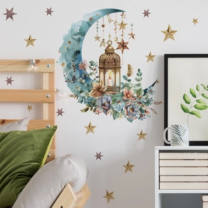 Moon and flower wall stickers with golden lanterns for home and bedroom decor