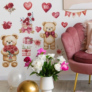 Stickers muraux ours en peluche aquarelle avec roses et cœurs pour décoration de chambre