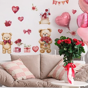 Stickers muraux ours en peluche et cœur aquarelle pour décoration de chambre