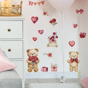 Stickers muraux ours en peluche aquarelle et cœurs pour déco de chambre romantique
