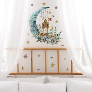 Floral crescent moon and star wall stickers with vintage lamp for bedroom decor