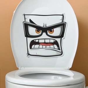 Cartoon angry face toilet lid sticker with orange eyes on white background