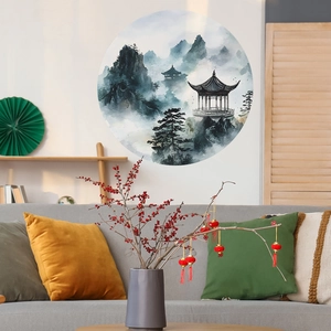 Ink style Chinese landscape wall sticker featuring mountains and pavilion in a modern living room