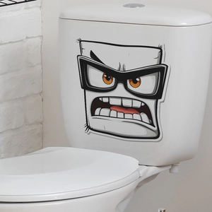 Creative angry face toilet sticker with glasses and orange eyes on white ceramic tank