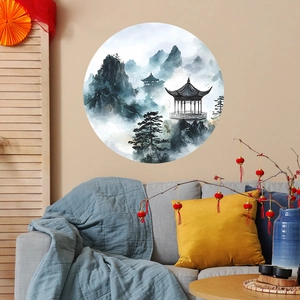 Classic Chinese ink landscape wall decal on a neutral living room wall background