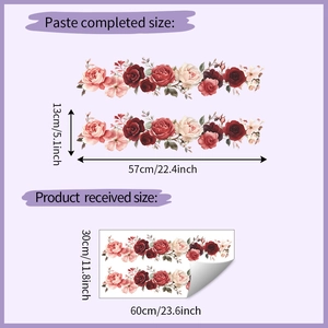 Detailed dimensions of peony flower wall stickers in pink and red for home decor