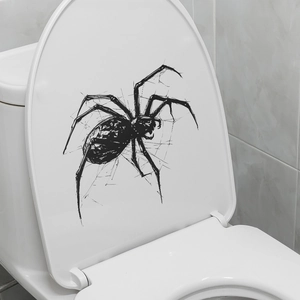 Zwarte spin sticker voor toiletdeksel met realistisch schetsontwerp voor wanddecoratie