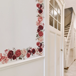 Romantic Red Pink Peony Rose Flower Wall Stickers Removable PVC Self Adhesive Floral Border Decor For Bedroom Living Room