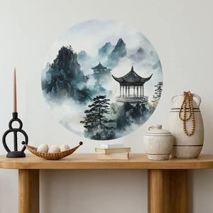 Chinese Ink Wash Landscape Round Wall Sticker PVC Removable Mountain Pavilion Art Decal For Living Room Bedroom Home Decor