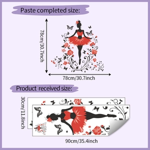 Detailed size chart for ballerina wall sticker showing 78x78cm display and 30x90cm sheet dimensions