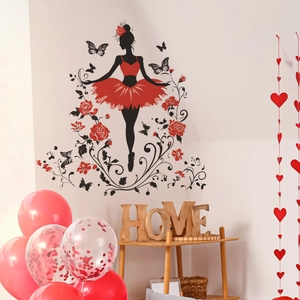 Elegant ballerina wall sticker with red rose dress and butterflies for home decor