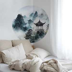 Zen style round landscape wall sticker with mountains and trees in a bedroom setting