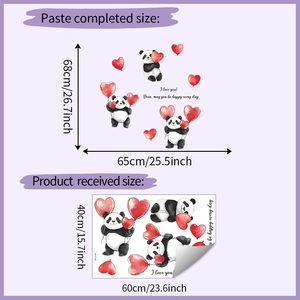 Detail showing dimensions of the cartoon panda and heart wall sticker set