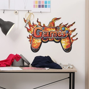 Vibrant game controller wall sticker with flaming design for creative room decoration