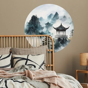 Chinese ink landscape round wall sticker with misty mountains and pine trees for home decor