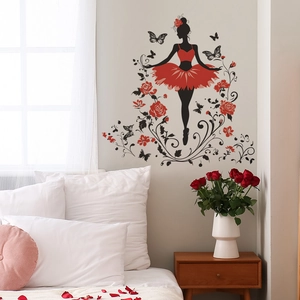 Romantic ballerina wall decal with red roses and butterfly silhouette for bedroom decor