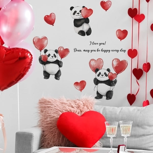 Panda wall stickers with red heart balloons and romantic I love you text for bedroom decor