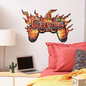 Self-adhesive game controller wall sticker with fire elements for bedroom decor