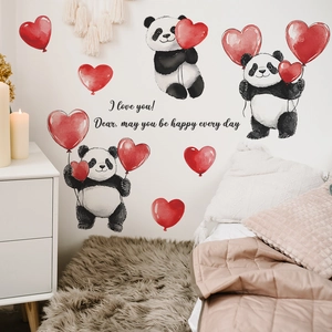 Cartoon panda wall decals with red heart balloons for bedroom decor, watercolor style stickers