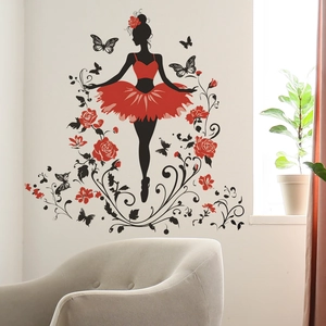 Elegant wall sticker of ballet girl in red rose dress for living room home decor