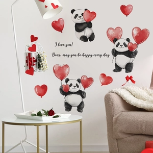 Detailed view of watercolor panda wall stickers with red heart balloons and romantic text