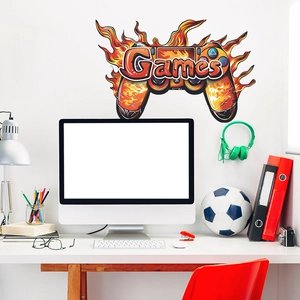 Self-adhesive wall sticker featuring a flaming game controller and Games typography decor