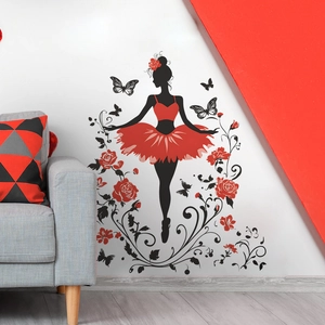 Ballet Girl Silhouette Red Dress Rose Flower Wall Sticker PVC Removable DIY Artistic Home Decor Mural For Bedroom Living Room