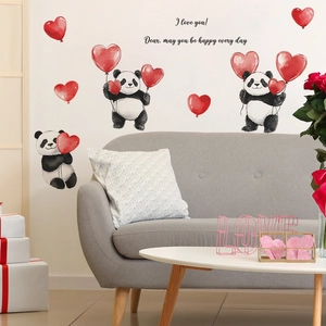 Detail of hand-painted watercolor panda wall stickers with red heart balloons for home decor