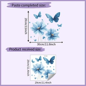 Detailed dimension guide for blue butterfly and floral self-adhesive bathroom wall stickers