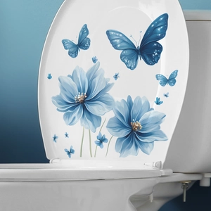 Blue Flower Butterfly Removable PVC Toilet Lid Sticker For Bathroom Restroom Decoration Self Adhesive Wall Art Decal