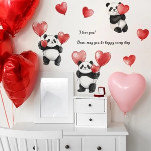 Cartoon panda and red heart wall decals with I love you text for home decoration