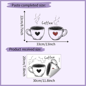 Dimensions détaillées du sticker mural café montrant le design des tasses
