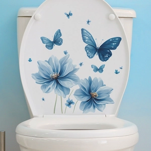 Self-adhesive bathroom toilet sticker featuring blue floral and butterfly watercolor art