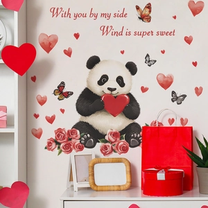 Cartoon Panda Heart Wall Stickers PVC Self Adhesive Removable Mural Decor For Valentine's Day Bedroom Home Decoration