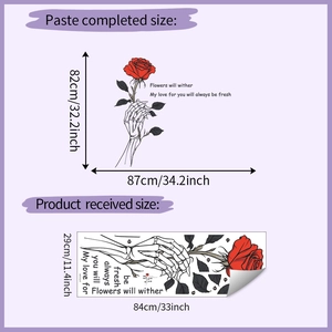 Detailed wall sticker layout showing dimensions of rose and skeleton hand decal