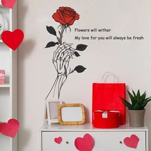 Gothic skull hand holding red rose wall sticker with romantic quote for bedroom decor