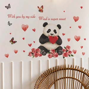 Detailed wall sticker featuring cute cartoon panda with hearts and roses for bedroom decor