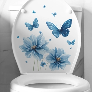 Blue butterfly and floral self-adhesive wall stickers for bathroom toilet lid decoration