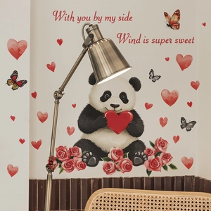 Detailed wall sticker showing a cute panda with red hearts and sweet English quotes