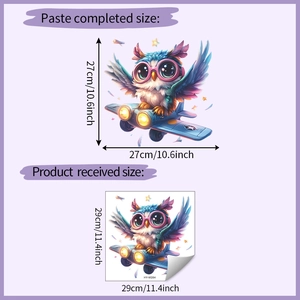 Detailed size comparison of owl pilot wall sticker showing layout and finished 27cm size