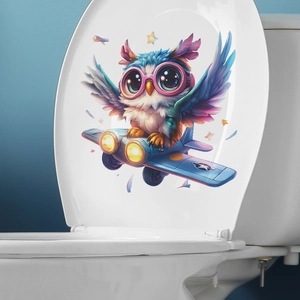 Cartoon Owl Pilot Flying Airplane Wall Sticker Colorful PVC Decorative Decal For Bathroom Toilet Lid Kids Bedroom Decor
